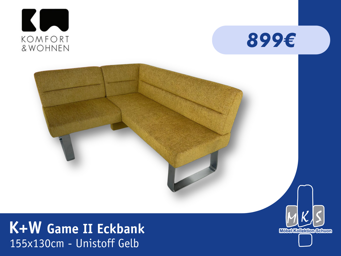 Eckbank K+W 4192 Game II – 2-teilig, 155x130 cm, Uni-Stoff in Gelb