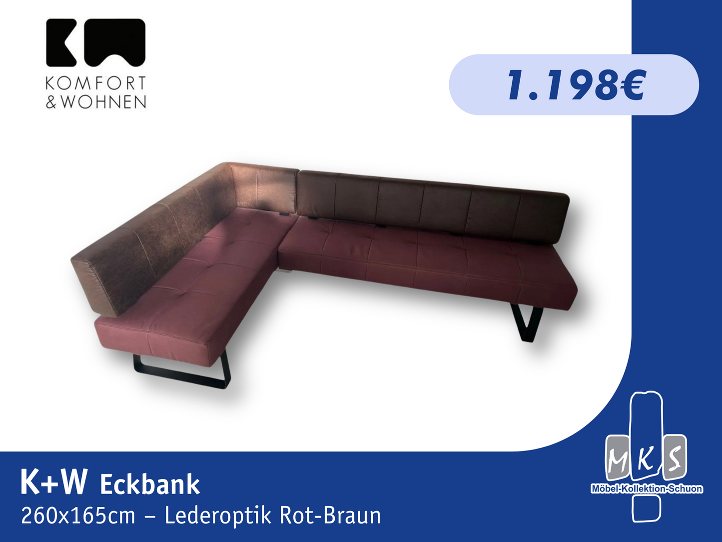 Eckbank K+W 7917 2-tlg 260x165 cm – Kufen Schwarz, Lederoptik Rot-Braun