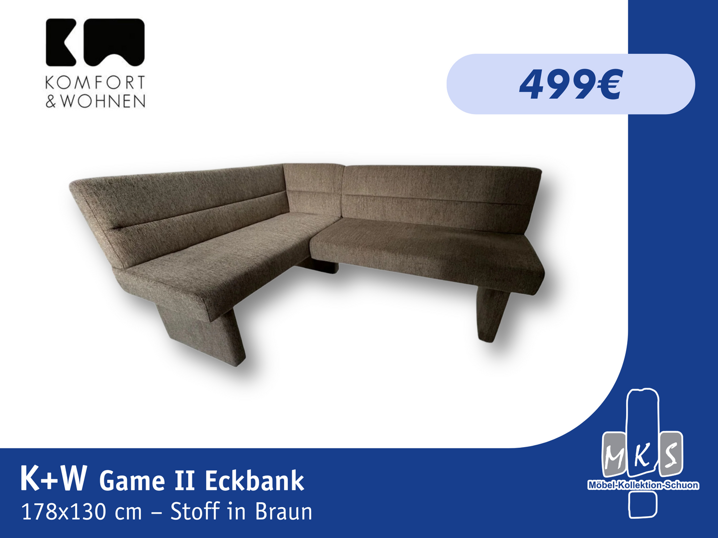 Eckbank K+W 4192 Game II 2-teilig 178x130 cm – Bezogene Beine, Stoff in Braun