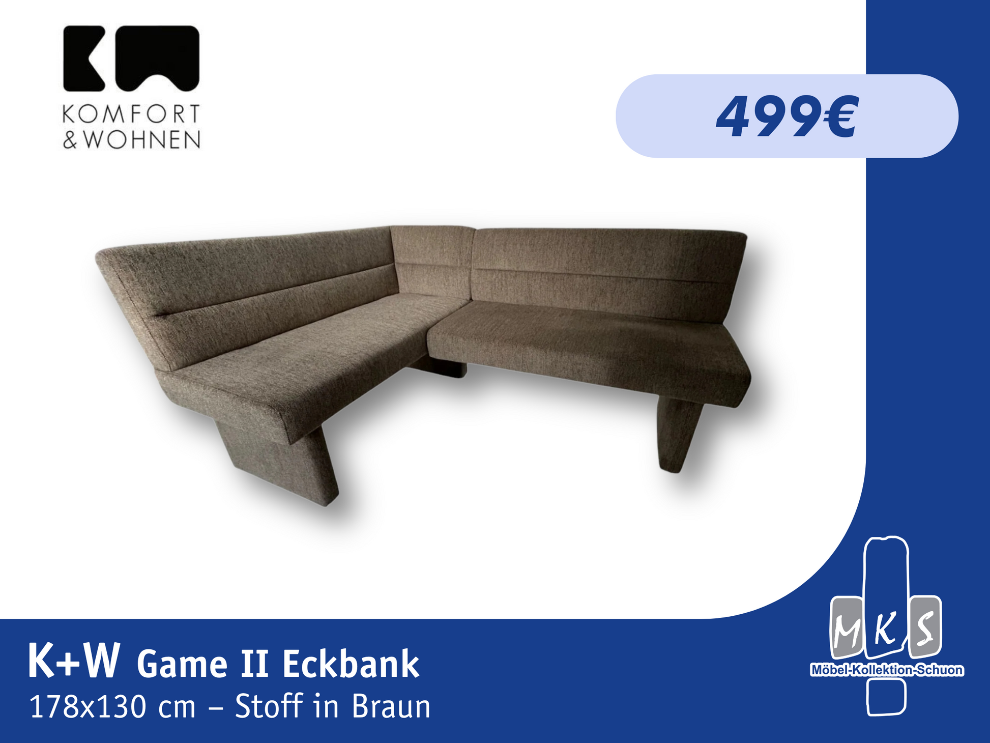Eckbank K+W 4192 Game II 2-teilig 178x130 cm – Bezogene Beine, Stoff in Braun