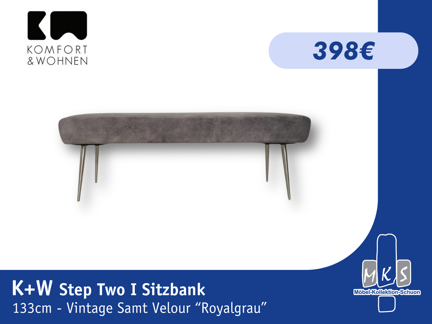 Sitzbank K+W 4401 Step Two I – Vintage Samt Velours in edlem Royal Grau | Eleganz und Komfort