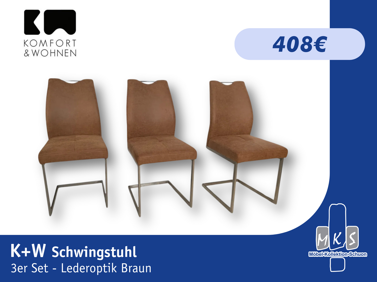 Stühle K+W 6135 3er Set Schwingstühle – Edelstahl gebürstet, Lederoptik braun meliert, modernes Design