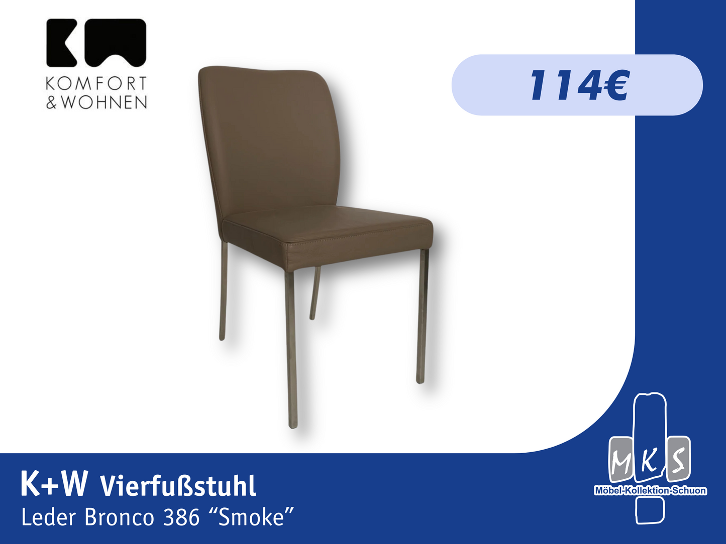 Stuhl K+W 6195 Vierfußstuhl – Edelstahl gebürstet, Leder Bronco 86 Smoke, elegantes Design