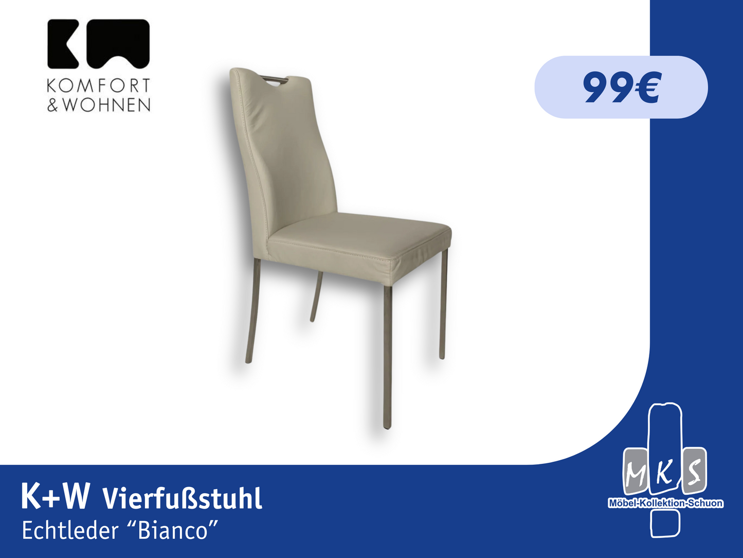 Stuhl K+W 6127 Vierfußstuhl - Moderner Esszimmerstuhl aus gebürstetem Metall, Echtleder Bianco, Komfort & Stil