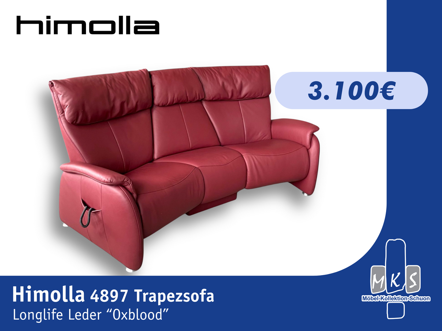 Sofa Leder Himolla 4897 Trapezsofa – Elektrisches in Oxblood mit Herz-Waage-Funktion & Klapptisch in Nussbaum