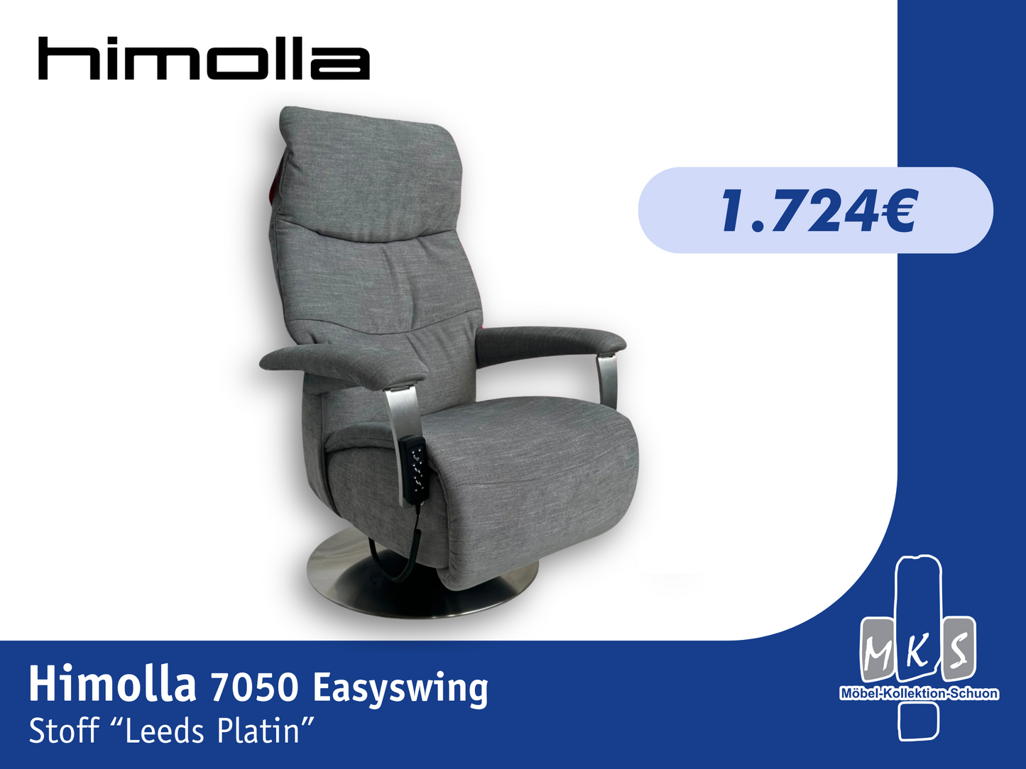 Sessel Himolla 7050 Easyswing Relaxsessel Medium – 2 Motoren, Webstoff 11 Leeds Platin, ergonomischer Fernsehsessel