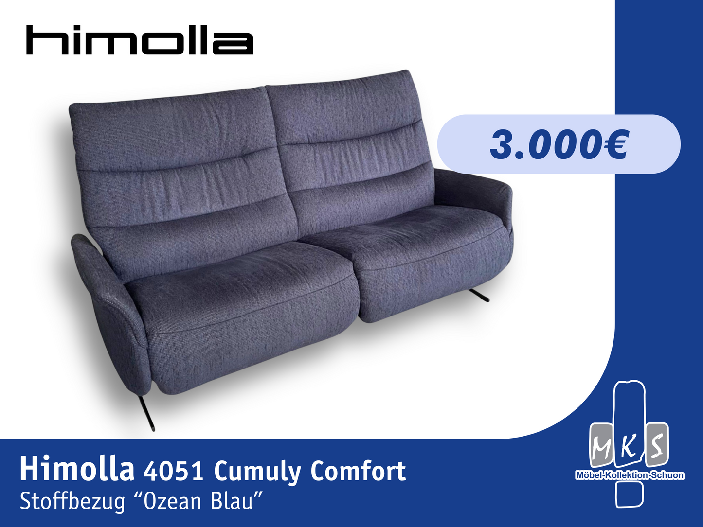 Sofa Himolla 4051 Cumuly Comfort 3-Sitzer – Elektrisches Relaxsofa in Uni Ozean Blau
