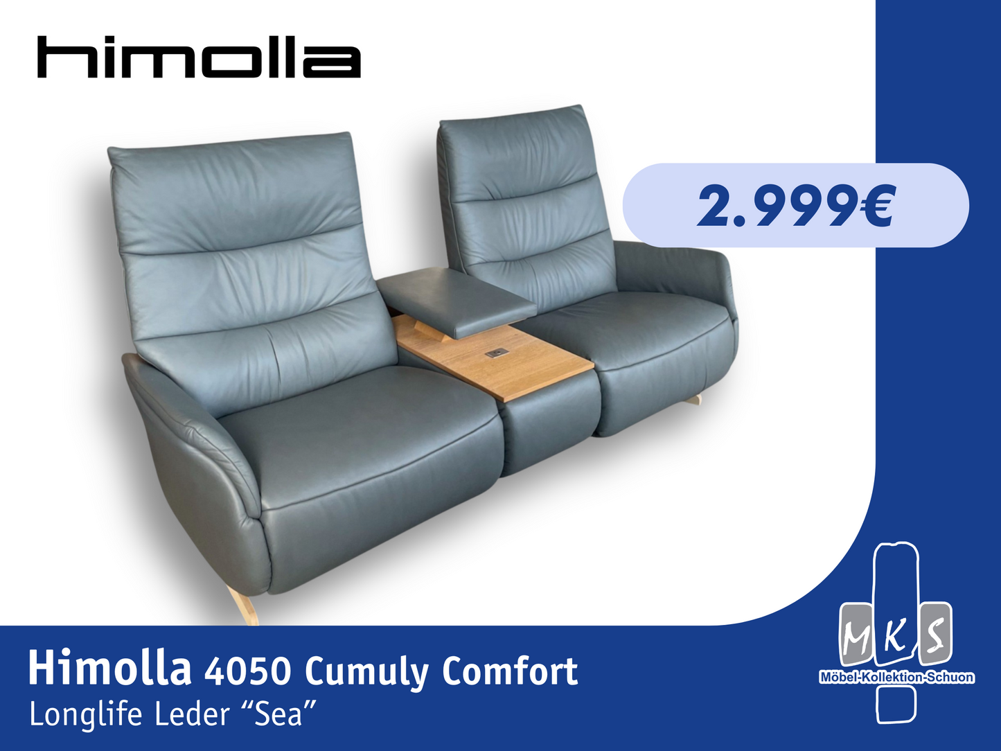 Sofa Himolla 4050 Cumuly Comfort – Elektrisch, 3 Motoren, USB, Leder SEA & Zwischentisch
