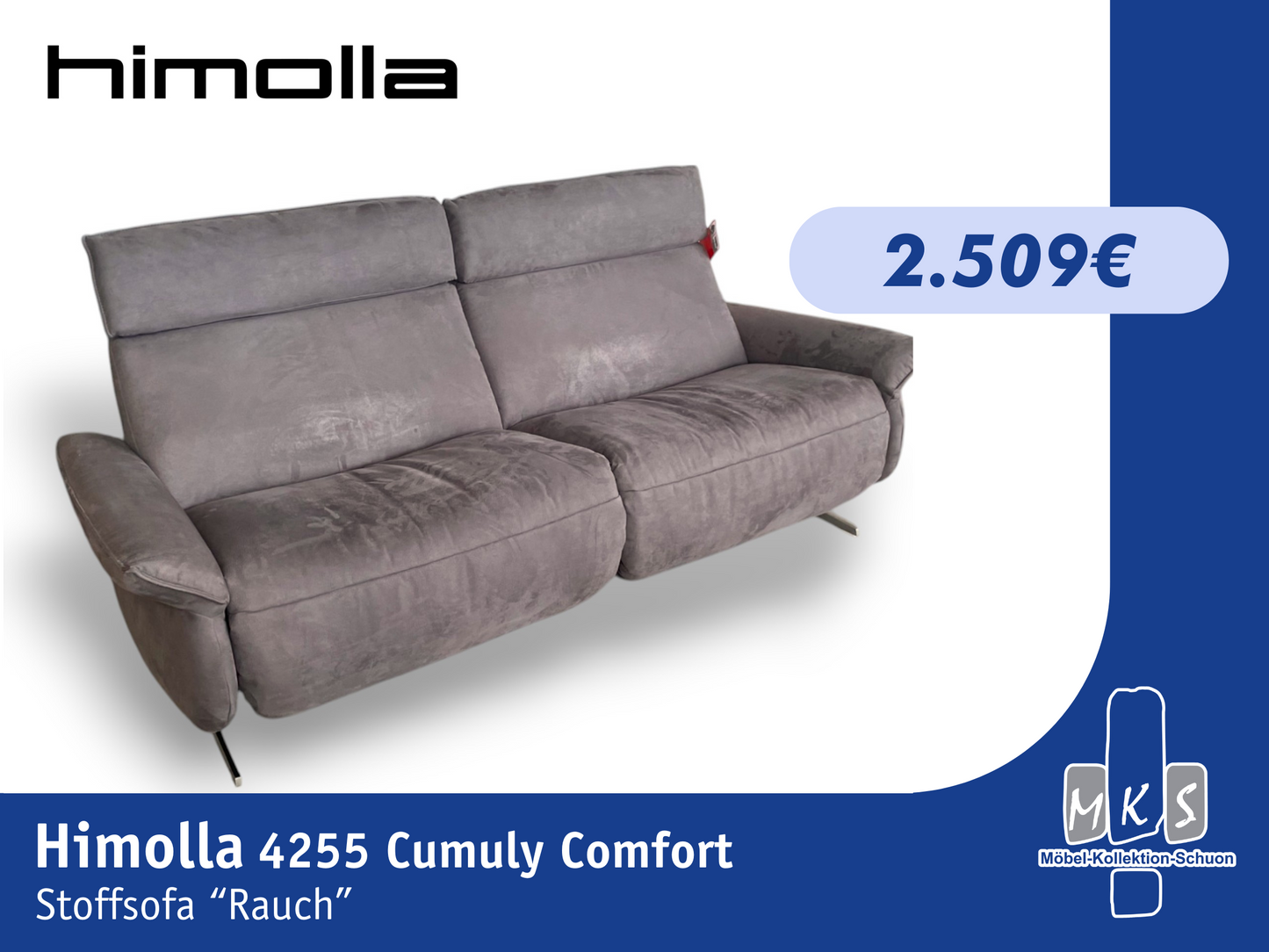 Sofa Himolla 4255 Cumuly Comfort – Elektrisch, Wallfree & Herzwaage – Stoff Lyon Rauch