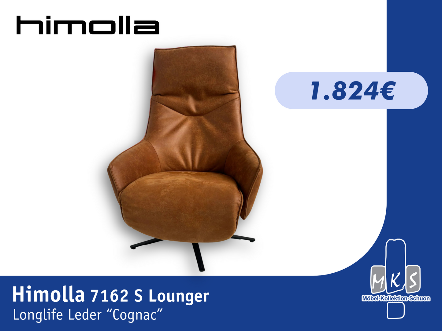 Sessel Himolla 7162 S Lounger – Elektrischer Relaxsessel mit 2 Motoren in Lederoptik 13 Nevada Cognac