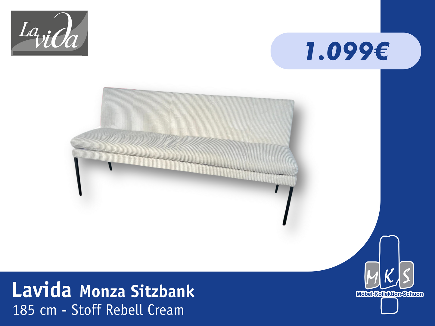 Sitzbank Lavida Monza 185 cm – Polsterbank mit Stoff Rebell Cream