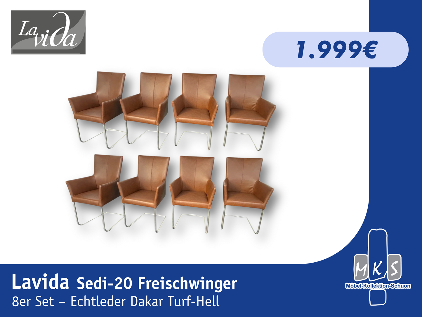 Stuhl Lavida Sedi-20 Freischwinger 8er Stuhl-Set – Echtleder Dakar Turf-Hell