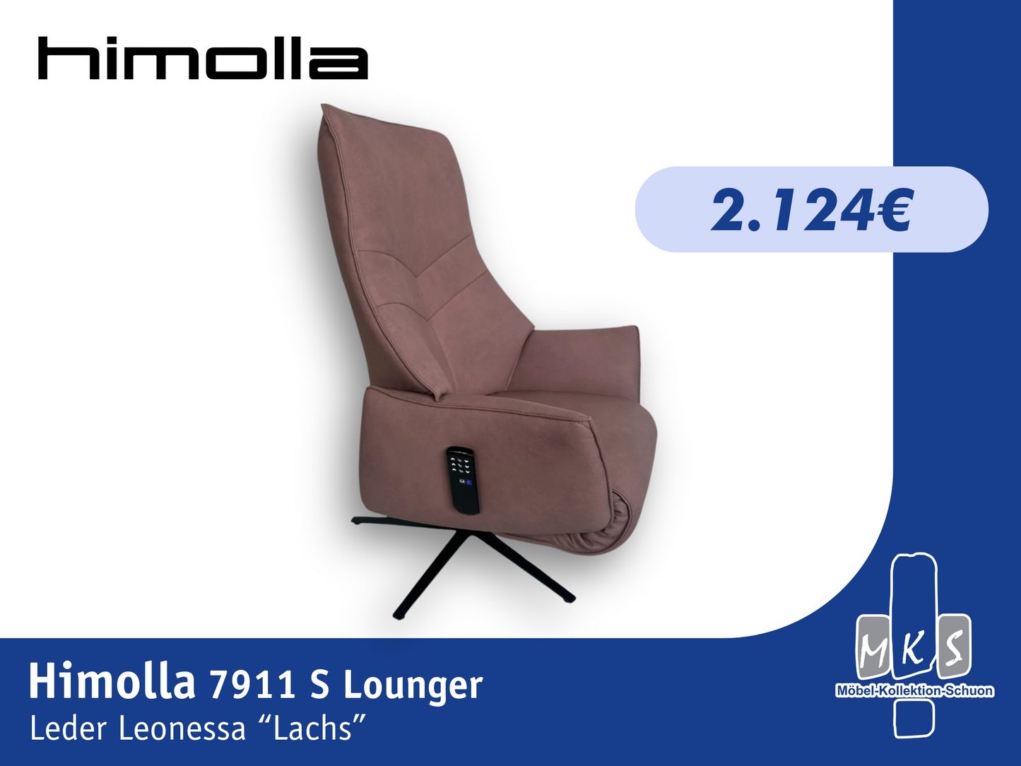 Sessel Himolla 7911 S Lounger Relaxsessel elektrisch – 2 Motoren, elektrische Kopfteilverstellung & Funkfernbedienung, Größe Medium, Leder Leonessa Lachs