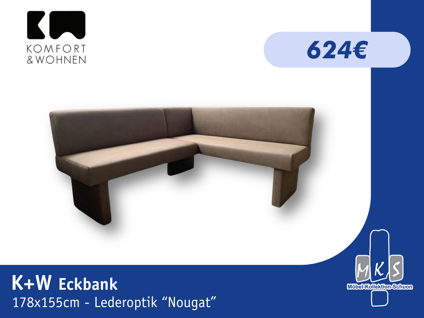 Eckbank K+W 4195 2-teilig - Nougat Lederoptik - 178x155 cm - Elegante Esszimmerbank