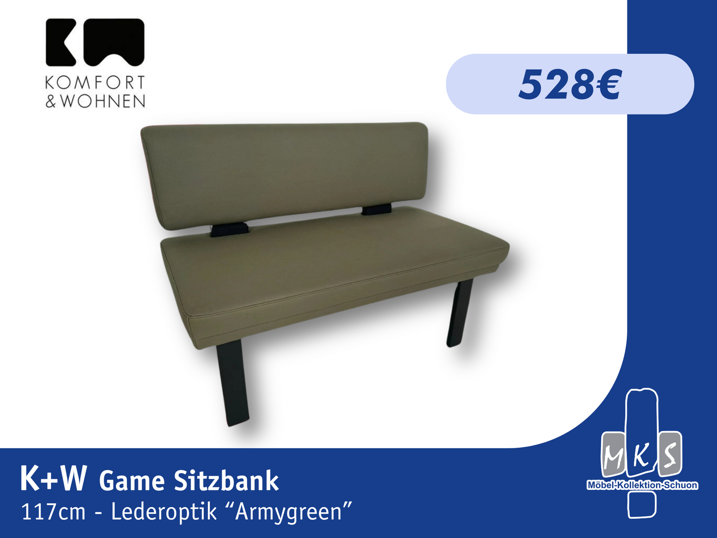 Sitzbank KW 4191 Game 117 cm – Metallkufen Schwarz, Lederoptik Armygreen | Stilvolle Sitzbank