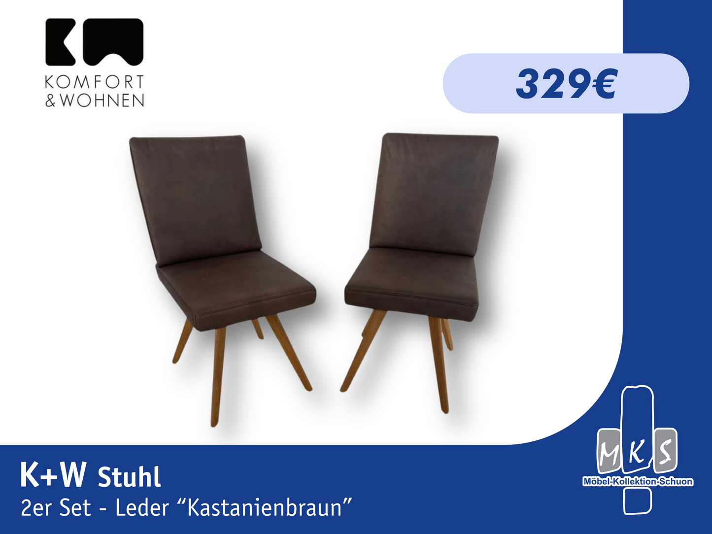 Stuhl K+W 6271 Leder Kastanienbraun – 2er Set mit 4 Füßen aus massivem Holz