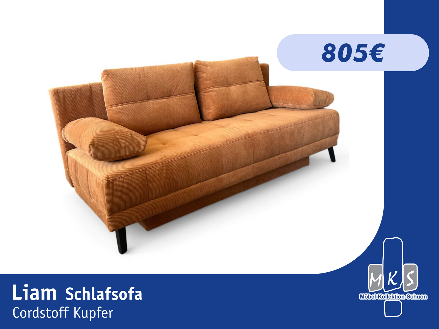 Schlafsofa LIAM – Cordstoff Kupfer – 195 cm breit – modernes Sofa mit Schlaffunktion & Bettkasten