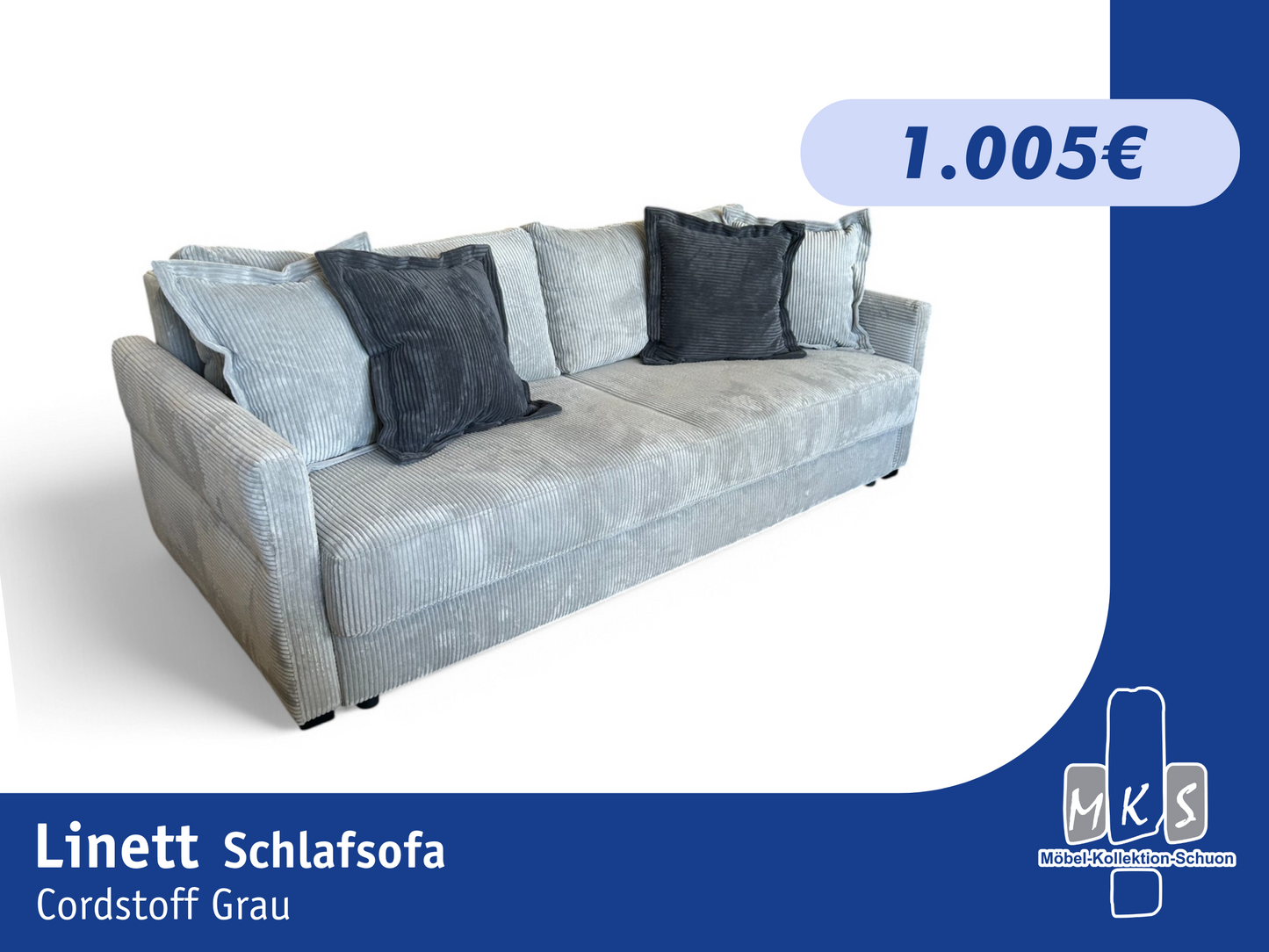 Schlafsofa LINETT – Cordstoff Grau – 220 cm breit – modernes Sofa mit Schlaffunktion & Bettkasten