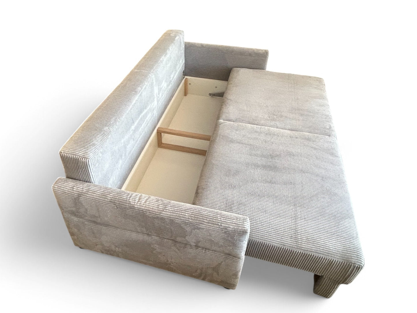 Schlafsofa LINETT – Cordstoff Grau – 220 cm breit – modernes Sofa mit Schlaffunktion & Bettkasten