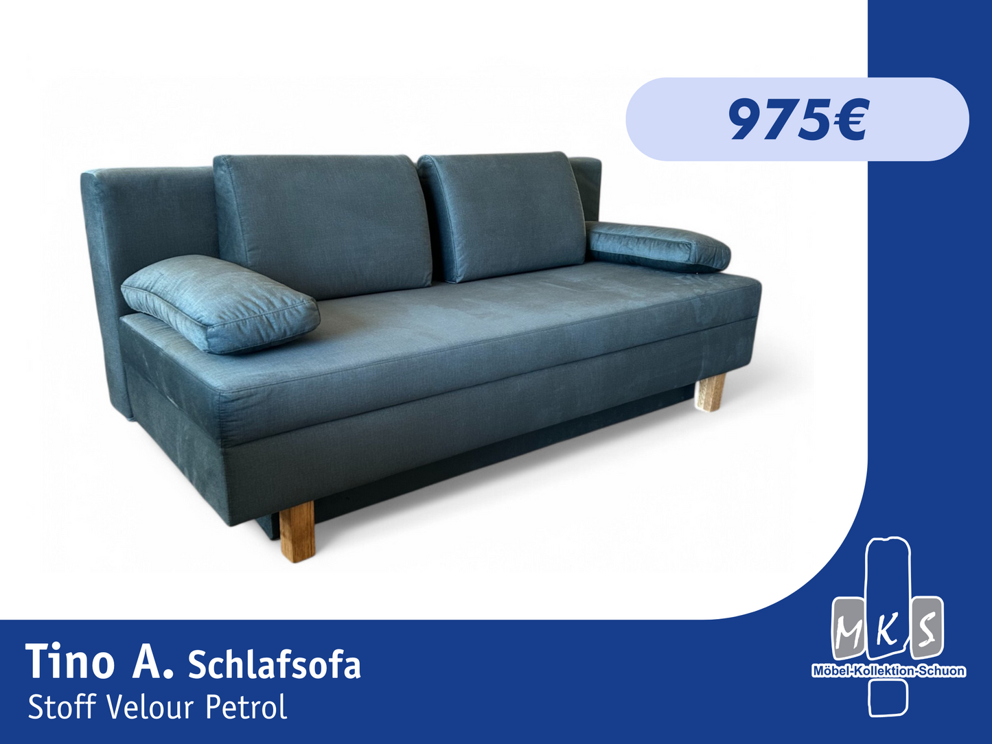 Schlafsofa TINO.A – Velourstoff in Petrol – 200 cm – modernes Sofa mit Schlaffunktion & Bettkasten