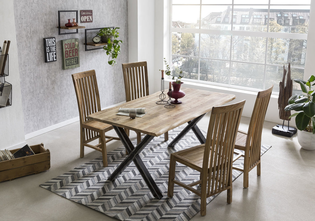 Esstisch Mango massiv mit Baumkante – 160x85 cm, X-Gestell Stahl