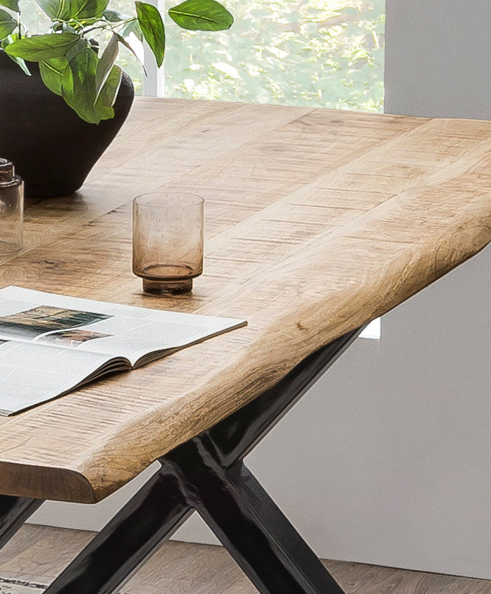 Esstisch Mango massiv mit Baumkante – 160x85 cm, X-Gestell Stahl