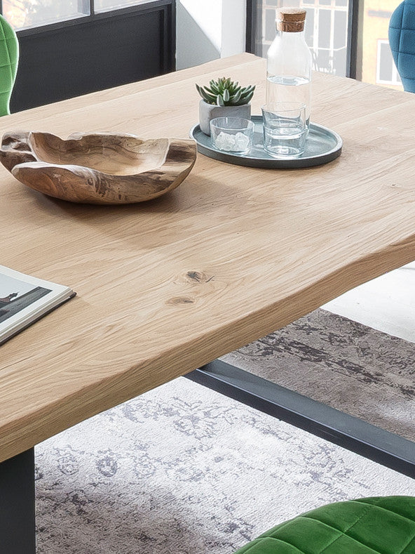 Esstisch Wildeiche massiv mit Baumkante - Metallgestell Antikschwarz