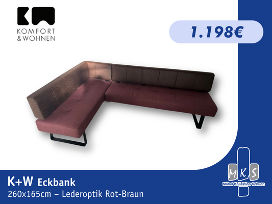 Eckbank K+W 7917 2-tlg 260x165 cm – Kufen Schwarz, Lederoptik Rot-Braun