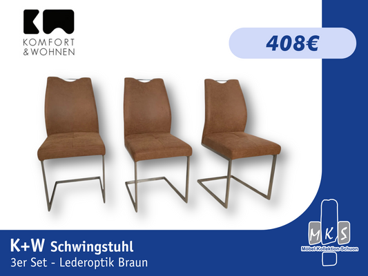 Stühle K+W 6135 3er Set Schwingstühle – Edelstahl gebürstet, Lederoptik braun meliert, modernes Design