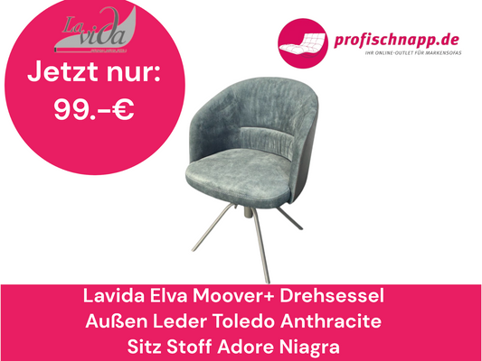 Lavida Elva Moover+ Drehsessel – Außen Leder Toledo Anthracite, Sitz Stoff Adore Niagra