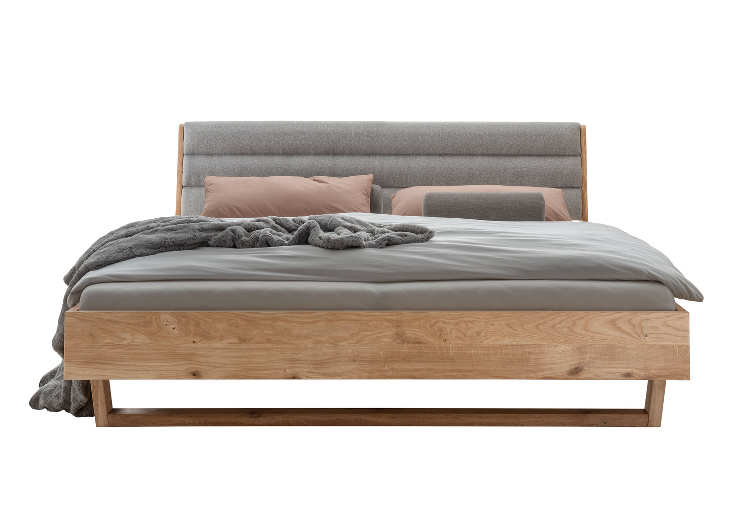 Bett <SchlafGut> aus massiver Wildeiche mit Polsterkopfteil