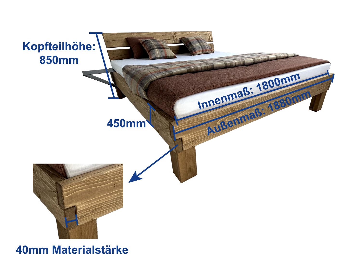 Bett mit Kopfteil, Material Massivholz, 180x200cm