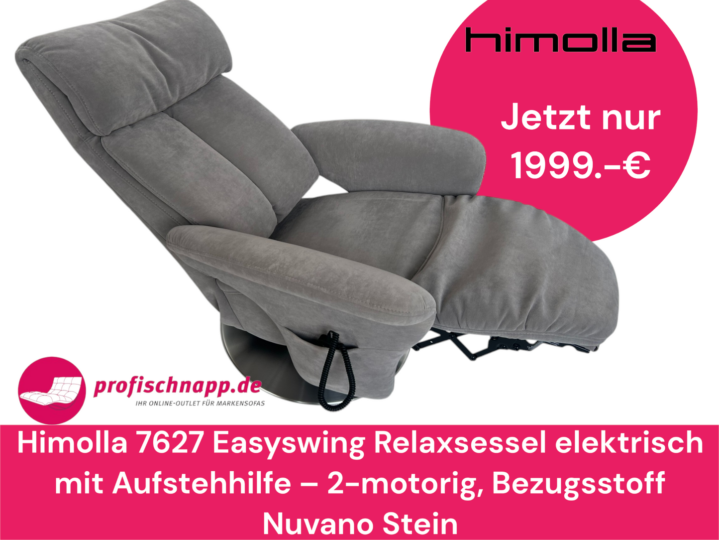 Himolla 7627 Easyswing Relaxsessel elektrisch mit Aufstehhilfe – 2-motorig, Bezugsstoff Nuvano Stein