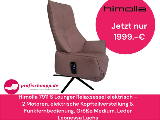 Himolla 7911 S Lounger Relaxsessel elektrisch – 2 Motoren, elektrische Kopfteilverstellung & Funkfernbedienung, Größe Medium, Leder Leonessa Lachs