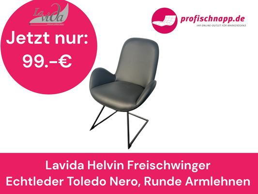 Lavida Helvin Freischwinger – Echtleder Toledo Nero, Runde Armlehnen