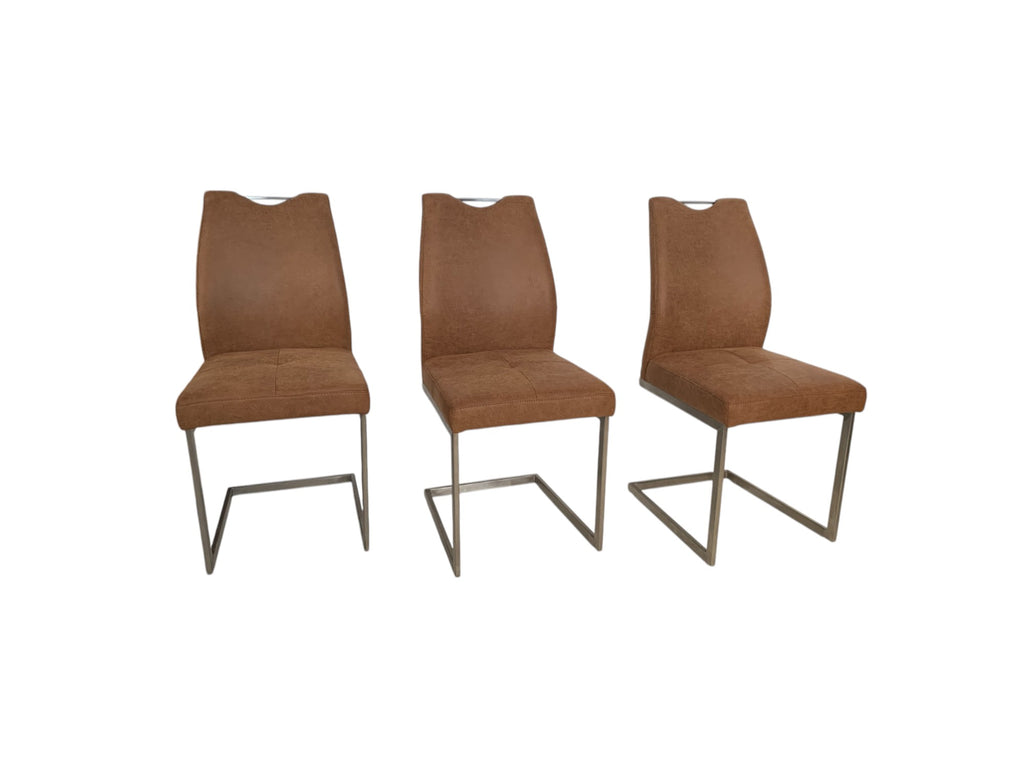 Stühle K+W 6135 3er Set Schwingstühle – Edelstahl gebürstet, Lederoptik braun meliert, modernes Design