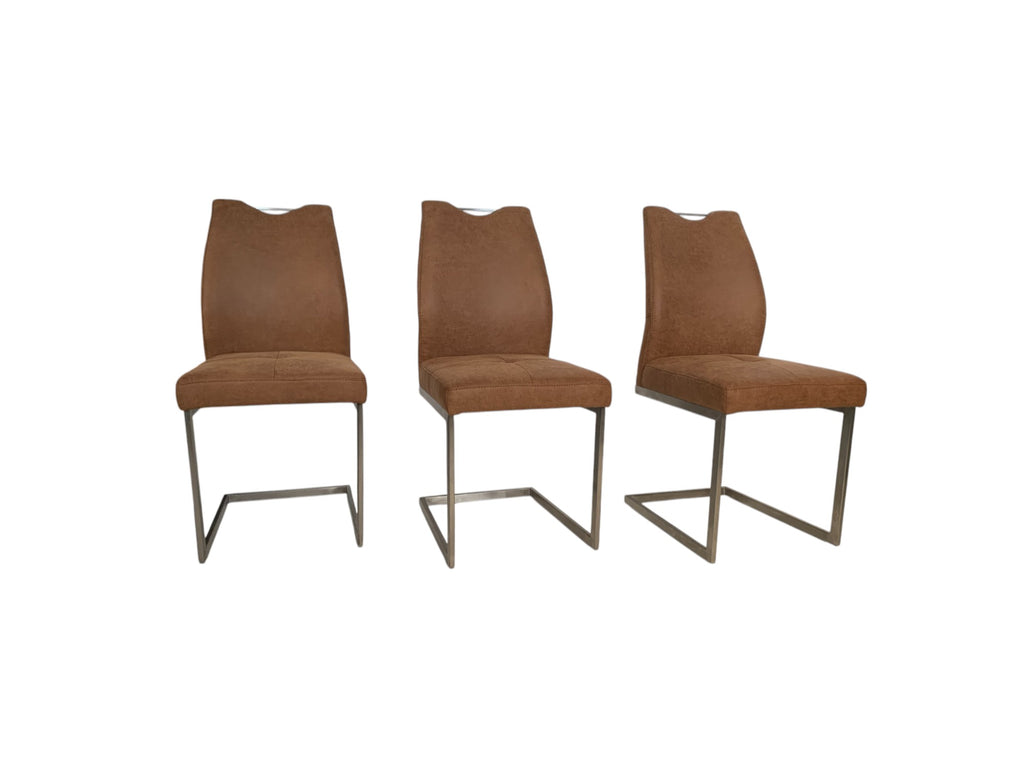 Stühle K+W 6135 3er Set Schwingstühle – Edelstahl gebürstet, Lederoptik braun meliert, modernes Design