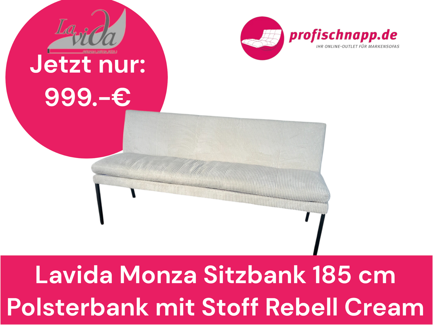 Lavida Monza Sitzbank 185 cm – Polsterbank mit Stoff Rebell Cream