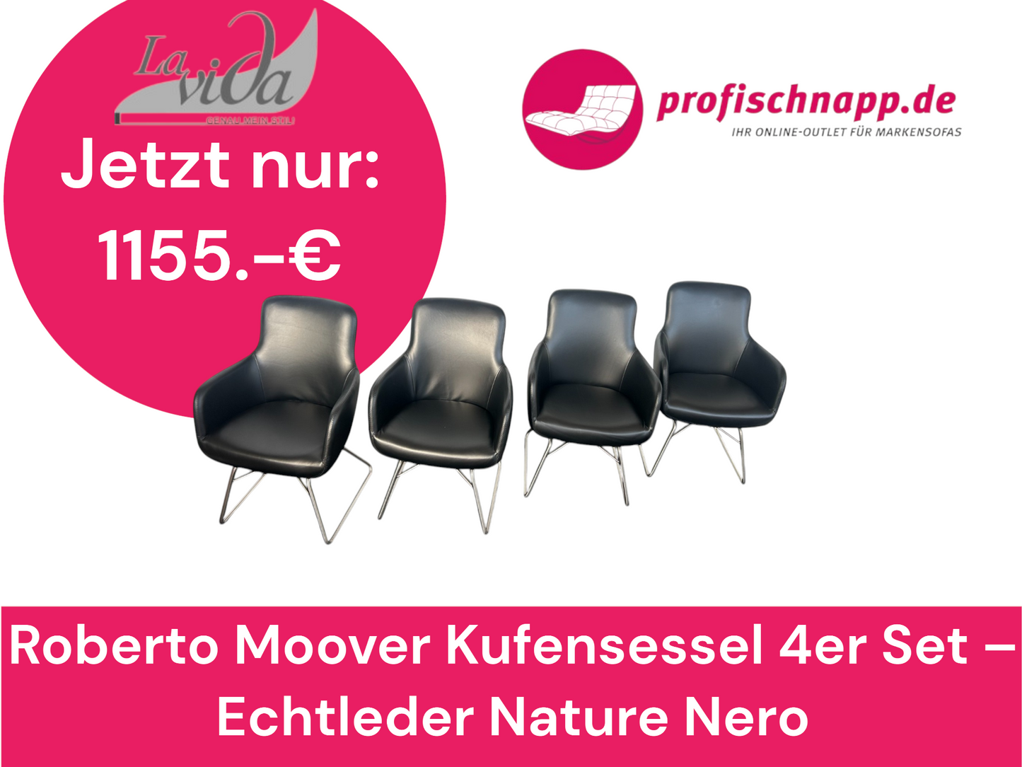 Lavida Roberto Moover Kufensessel 4er Set – Echtleder Nature Nero