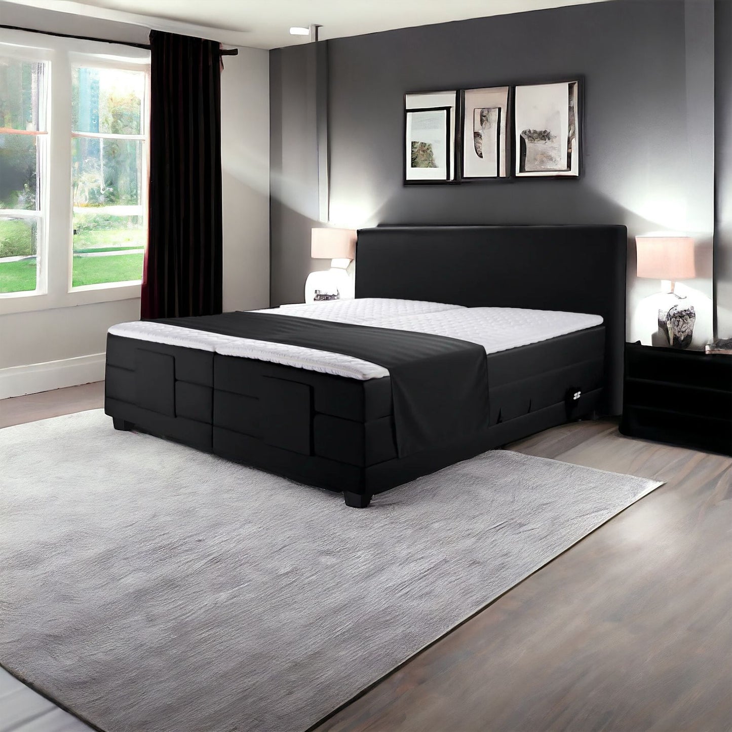 Ferrol Boxspringbett: Elektrisch 200x200cm Schwarz