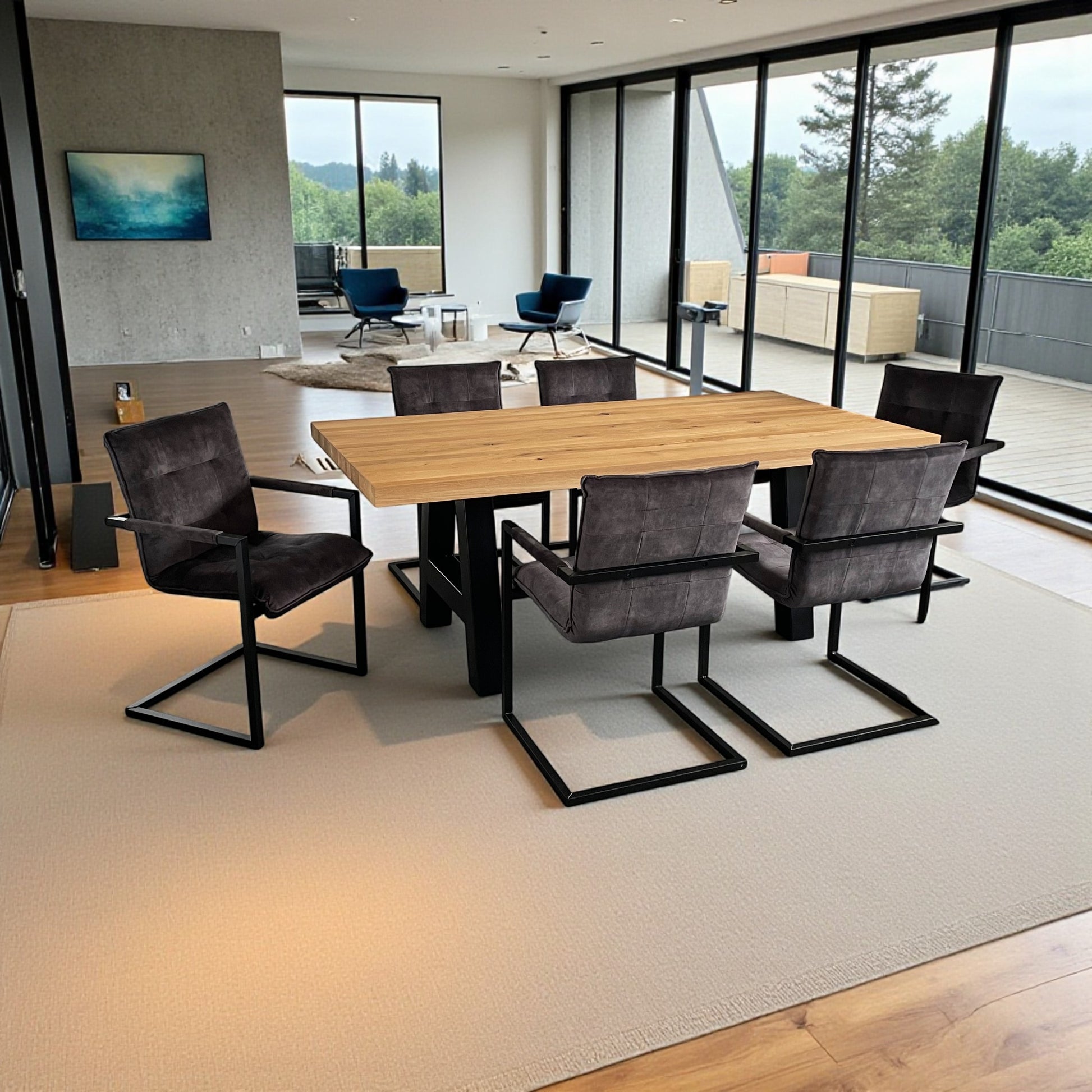 Essgruppe – 6x Stuhl Sabina Dark Grey + Esstisch Eiche Massivholz