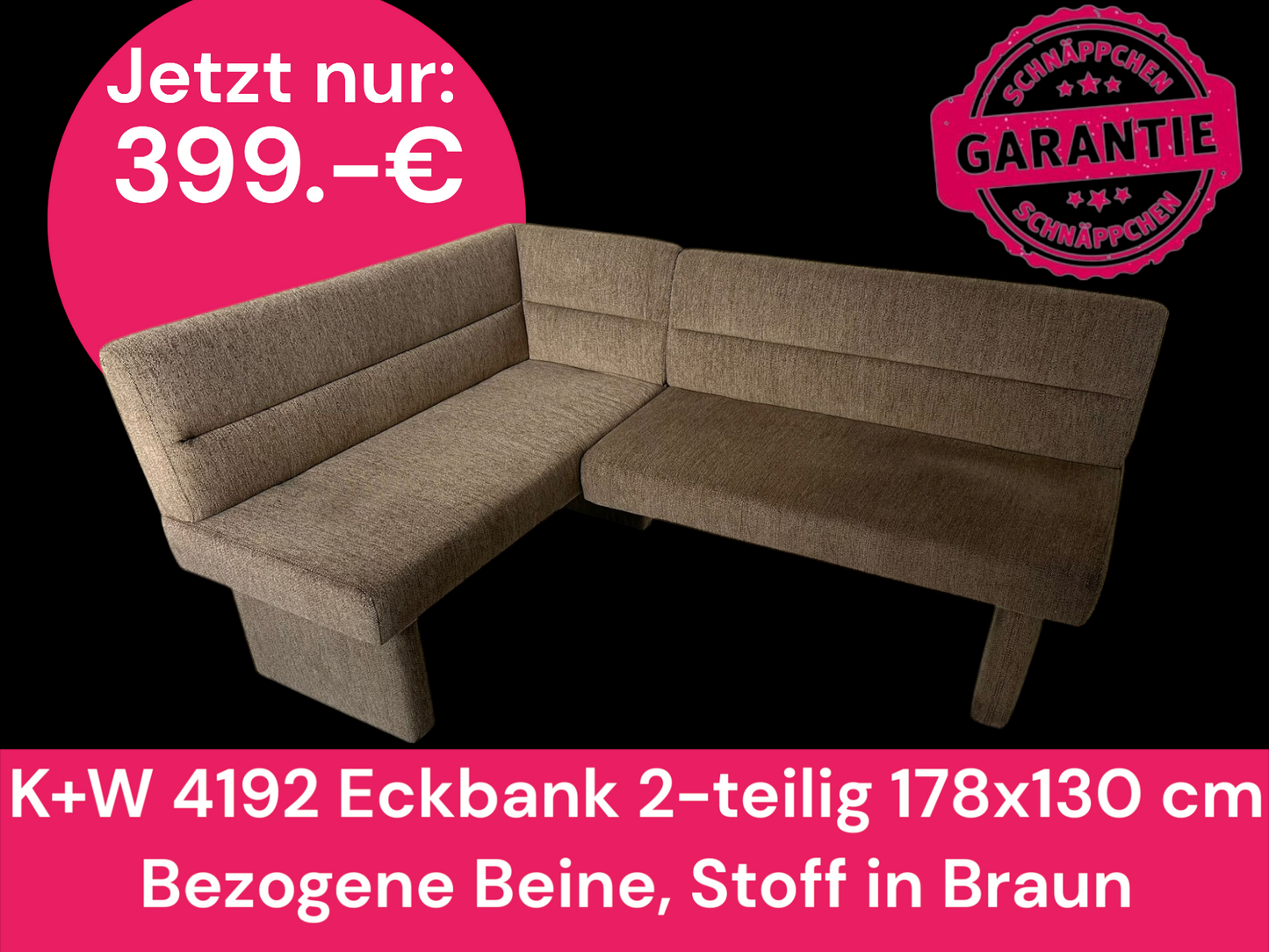 K+W 4192 Game II Eckbank 2-teilig 178x130 cm – Bezogene Beine, Stoff in Braun