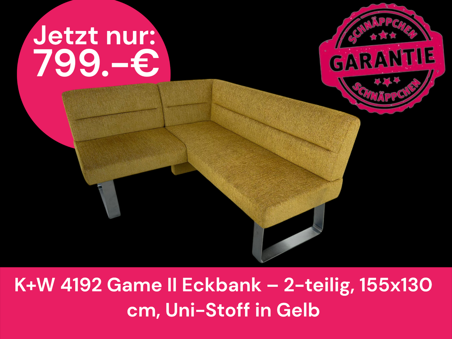 K+W 4192 Game II Eckbank – 2-teilig, 155x130 cm, Uni-Stoff in Gelb