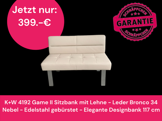 K+W 4192 Game II Sitzbank mit Lehne - Leder Bronco 34 Nebel - Edelstahl gebürstet - Elegante Designbank 117 cm