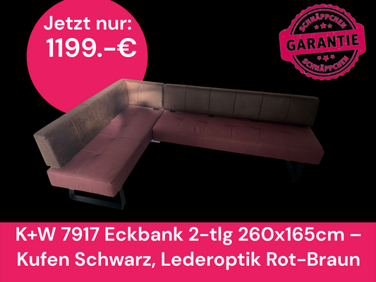 K+W 7917 Eckbank 2-tlg 260x165 cm – Kufen Schwarz, Lederoptik Rot-Braun