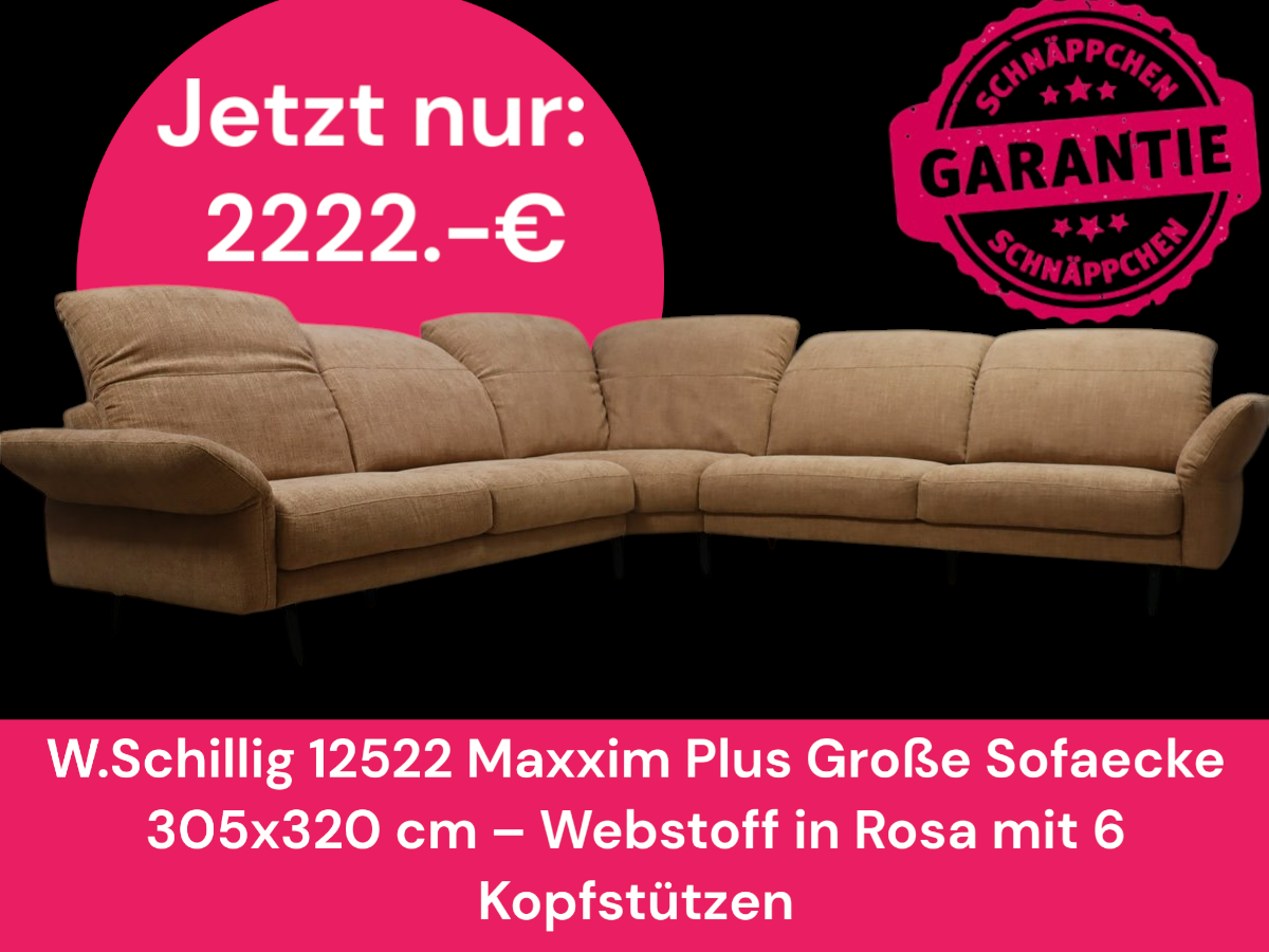 W.Schillig 12522 Maxxim Plus Große Sofaecke 305x320 cm – Webstoff in Rosa mit 6 Kopfstützen