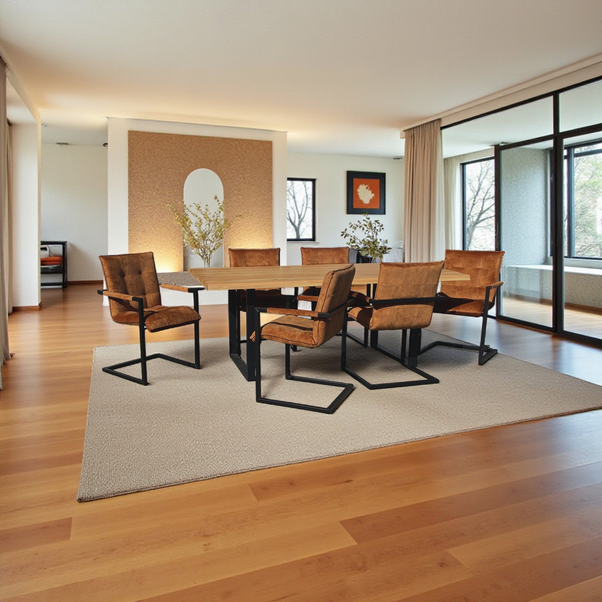 Essgruppe – 6x Stuhl Sabina Cognac + Esstisch Eiche Massivholz